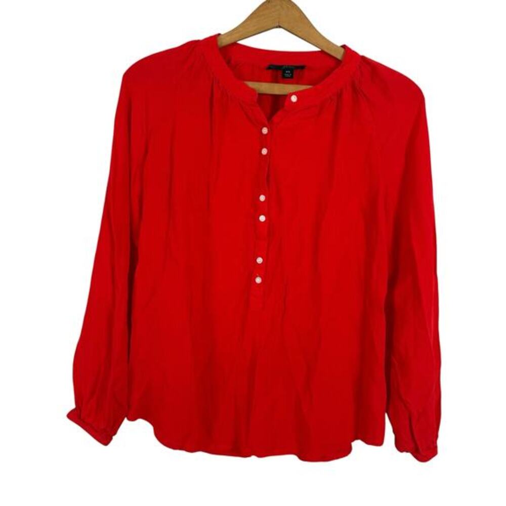 J Crew Top Women XS Red 1/4 Button Popover Long Sleeve Preppy Bright Classic